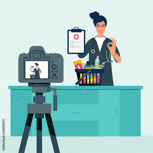 Video blogger recording video with camera and light. Vlog concept.
Cute vector illustration in flat style
