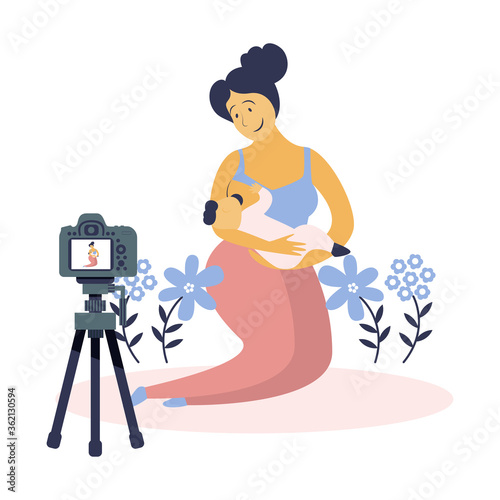 Video blogger recording video with camera and light. Vlog concept.
Cute vector illustration in flat style
