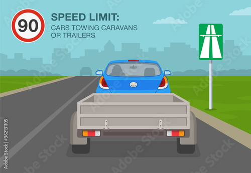 Cars towing caravans or trailers on a motorway, highway speed limit. Driving a car. Flat vector illustration template.
