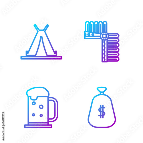 Set line Money bag, Wooden beer mug, Indian teepee or wigwam and Indian headdress with feathers. Gradient color icons. Vector.