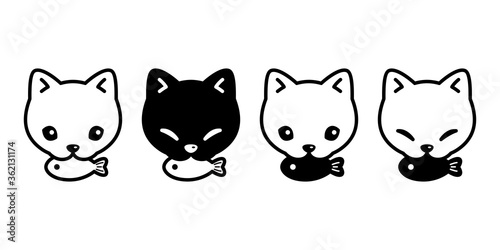 cat vector icon kitten eating fish calico head face pet logo symbol character cartoon doodle illustration design