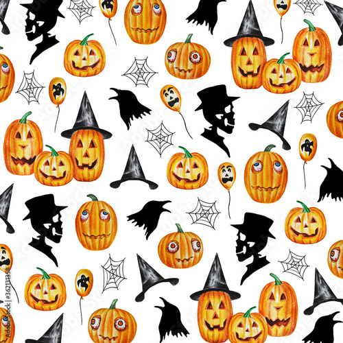 Halloween seamless pattern on a white background with silhouettes of a skull in a hat, raven heads, cobwebs, watercolor funny pumpkin balloons.