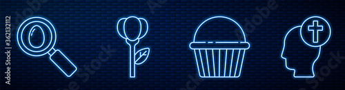 Set line Easter cake, Search and easter egg, Flower tulip and Human head with christian cross. Glowing neon icon on brick wall. Vector.
