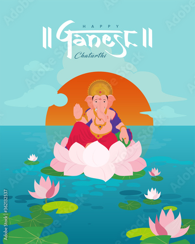 Ganesha Poster, Happy Ganesh Chaturthi, Illustration of Lord Ganesha, Ganesh Chaturthi, Ganpati Festival, Indian Festival, Lake, Lotus