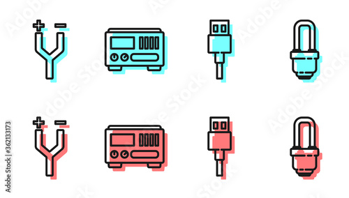 Set line USB cable cord, Electric cable, Electrical measuring instruments and LED light bulb icon. Vector.
