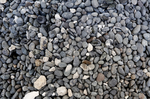 Landscape wide for background photo of natural small round and ellipse grey rocks / stones with smooth textures for aquarium or garden sidewalk decoration
