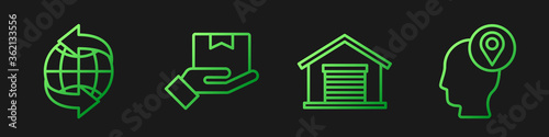 Set line Warehouse, Worldwide, Delivery hand with boxes and Delivery man with cardboard boxes. Gradient color icons. Vector.