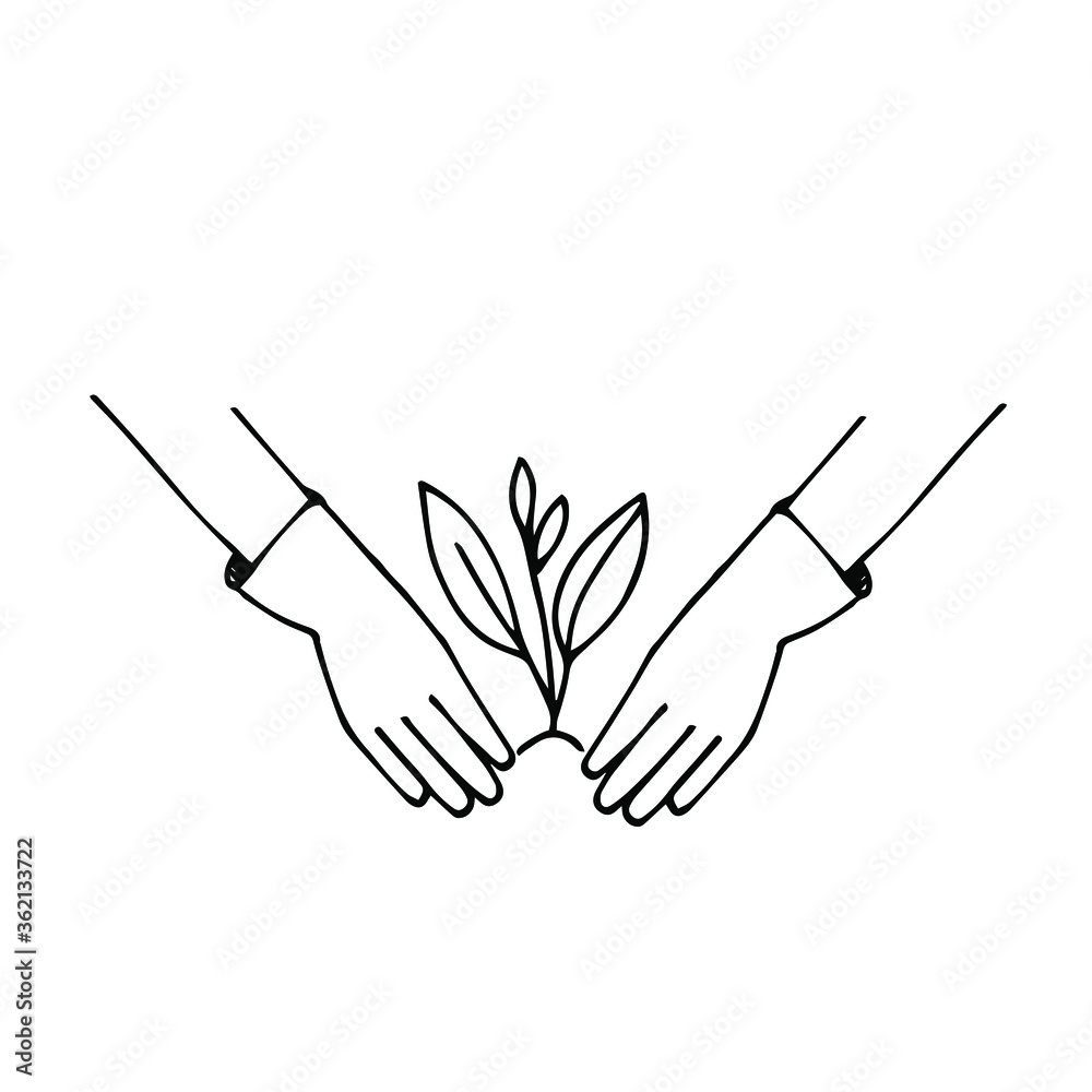 Hand drawn vector illustration with the planting of a seedling. Gloved hands and a small plant. Simple outline, icon, and silhouette on the theme of gardening. Hand drawn vector illustration with the planting of a seedling. Gloved hands and a small plant. Simple outline, icon, and silhouette on the theme of gardening.