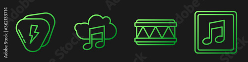 Set line Drum, Guitar pick, Music streaming service and Music note, tone. Gradient color icons. Vector.