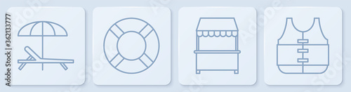 Set line Sunbed and umbrella, Street stall with awning, Lifebuoy and Life jacket. White square button. Vector.