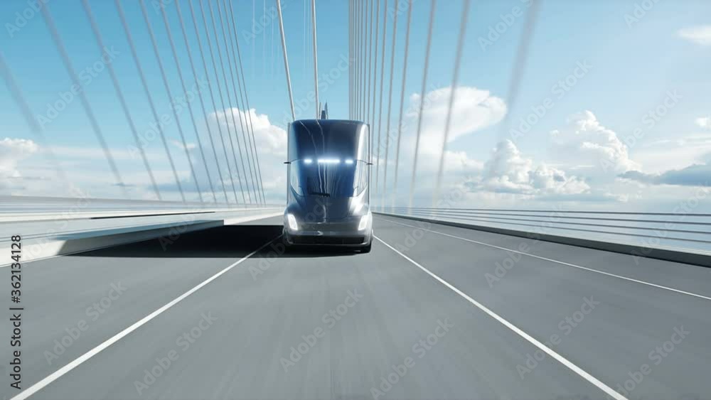 3d model of futuristic electric truck on the bridge. Electric automobile. Realistic 4k animation.