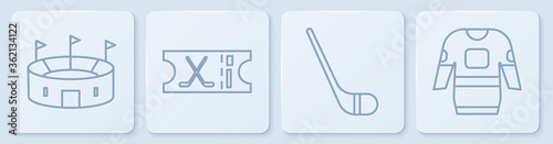 Set line Hockey stadium, Ice hockey stick, Hockey sports ticket and Hockey jersey. White square button. Vector.