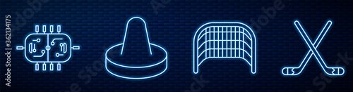 Set line Ice hockey goal, Hockey table, Mallet for playing air hockey, Ice hockey sticks and Locker or changing room. Glowing neon icon on brick wall. Vector.