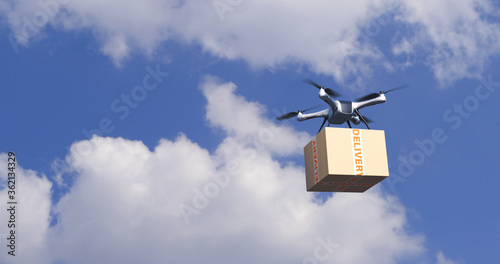 Drone parcel delivery service. Quadcopter carrying urgent shipment box. 3d rendering