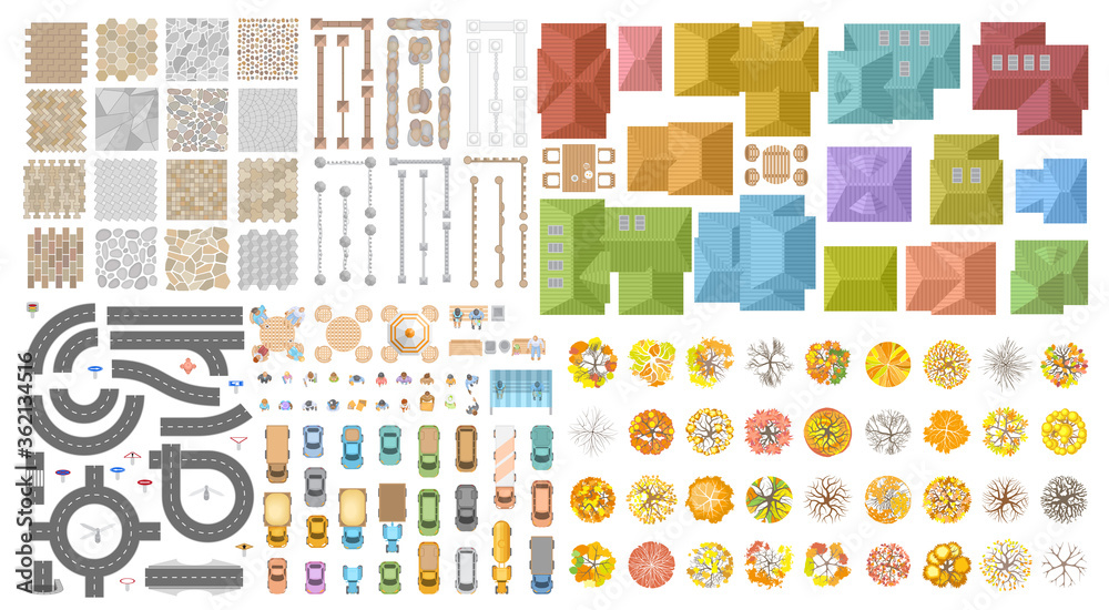 Vector set. Autumn city landscape. Top view. Sidewalk, fence, houses, road, cars, people, trees. View from above.  - obrazy, fototapety, plakaty 