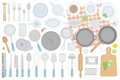 Vector set. Kitchen utensils. Top view. Kitchenware, cookware, kitchen tools collection. (view from above)