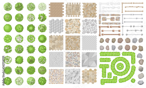 Set of park elements. (Top view) Collection for landscape design, plan, maps. (View from above) Fences, pavements, stones, trees. photo