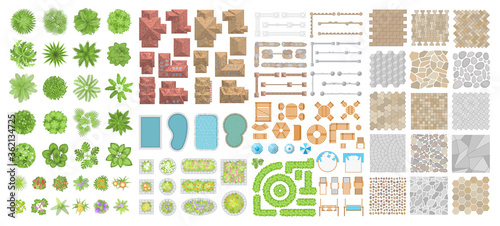 Set of landscape elements. Houses, architectural elements, plants. Top view. Trees, flower beds, roofs, swimming pools, pavement, fences, furniture. View from above. 