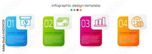 Set line Graph, chart, diagram, infographic, Credit card, Pie chart infographic and Earth globe with dollar. Business infographic template. Vector.