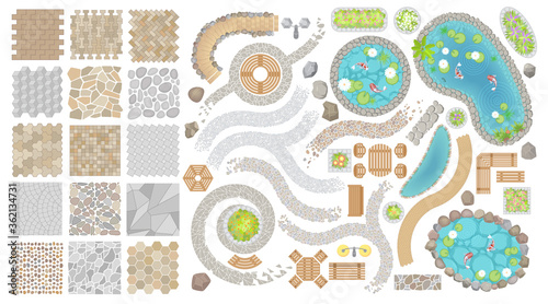 Set of vector street pavements and elements of the park. (Top view) Collection for landscape design, plan, maps. (View from above) Flowerbed, paths, furniture, ponds, stones. photo