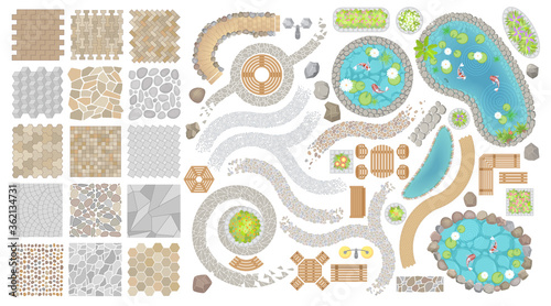 Set of vector street pavements and elements of the park. (Top view) Collection for landscape design, plan, maps. (View from above) Flowerbed, paths, furniture, ponds, stones.