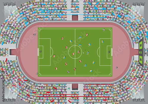 Football stadium top view. Soccer field. (view from above) Fans in the stands watching the match.