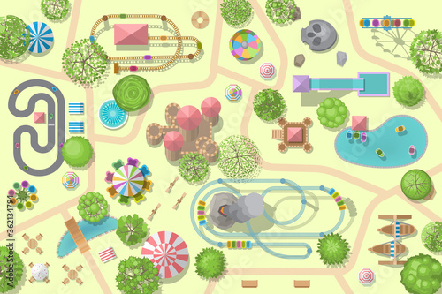 A vector illustration of amusement park map. (Top view) Attractions, paths, lake, circus, plants, tents. (View from above)