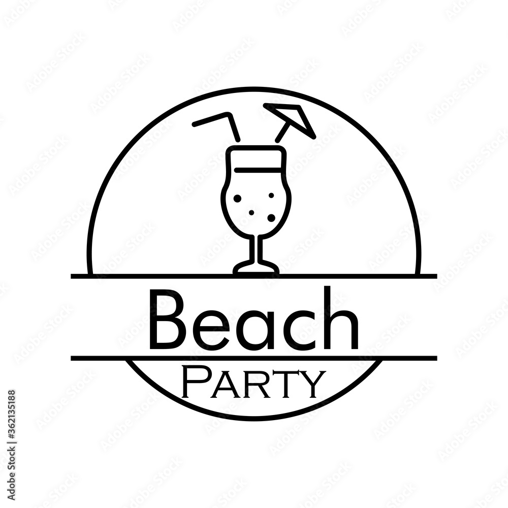 Concepto invitación a fiesta en la playa. Logo lineal con texto Beach Party en círculo con cocktail en color negro Concepto invitación a fiesta en la playa. Logo lineal con texto Beach Party en círculo con cocktail en color negro