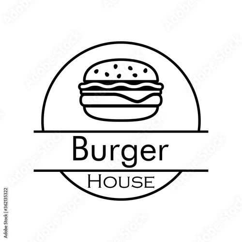 Concepto comida rápida. Logotipo lineal con texto Burger House en círculo con hamburguesa en color negro