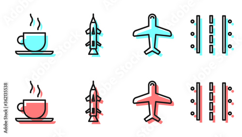 Set line Plane, Coffee cup, Rocket and Airport runway icon. Vector.