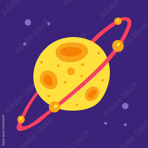 Yellow planet. Saturn. Space vector flat illustration, element, sticker, icon, shape. Isolated on dark background. Cosmos, galaxy, science, sify. Astrology. Simple design. Card. photo