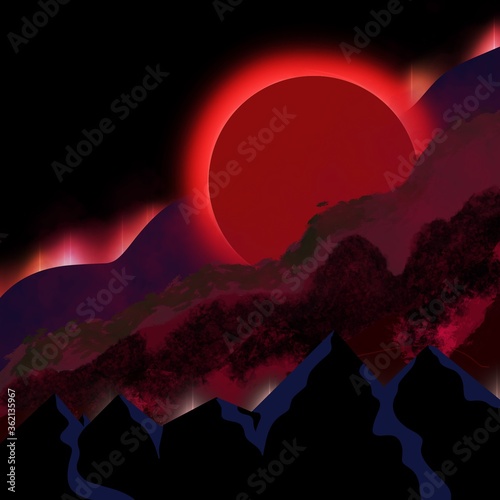 Illustration of sunset in the mountains  dark style  high quality 