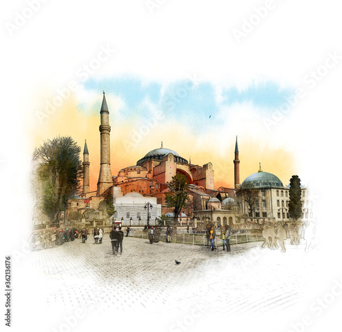 Photography Watercolor sketch of Hagia Sophia in Istanbul, Turkey.