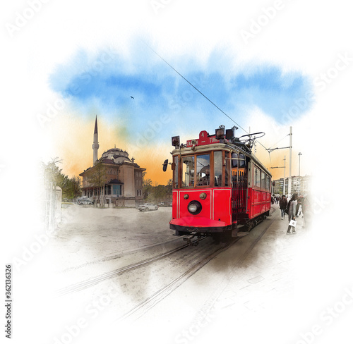 The historic red tram T4, the route Mesdzhidi Selim - Topkapi. Istanbul, Turkey. Watercolor sketch photo