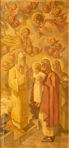 BARCELONA, SPAIN - MARCH 3, 2020: The painting of Presentation of Jesus in the Temple in the church Santuario Nuestra Senora del Sagrado Corazon by Francesc Labarta (1960).