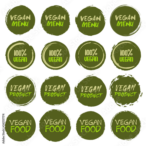 Vegan logo collection. Set of different grunge circles shapes label with different text