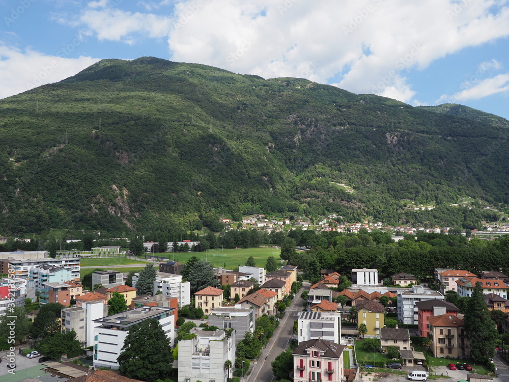 European Bellinzona city, capital of canton Ticino in Switzerland, clear blue sky in 2017 warm sunny summer day on July.