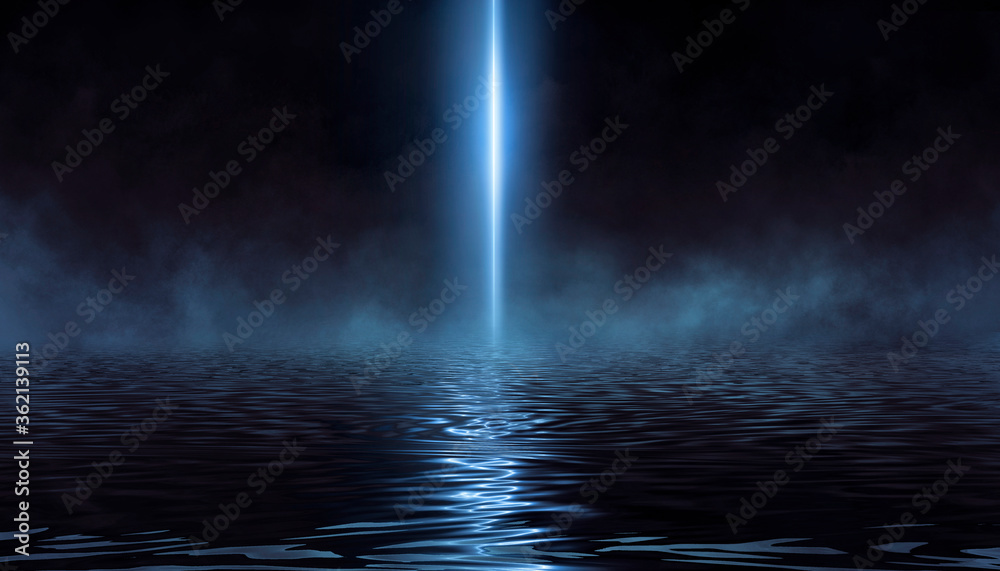 Dark modern futuristic neon background. Rays and lines of light. Night view of an empty scene with neon lights. Reflection in the water of bright light. 3D illustration. Dark modern futuristic neon background. Rays and lines of light. Night view of an empty scene with neon lights. Reflection in the water of bright light. 3D illustration.