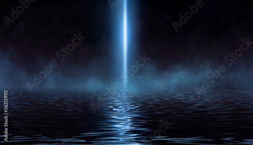 Dark modern futuristic neon background. Rays and lines of light. Night view of an empty scene with neon lights. Reflection in the water of bright light. 3D illustration. © MiaStendal