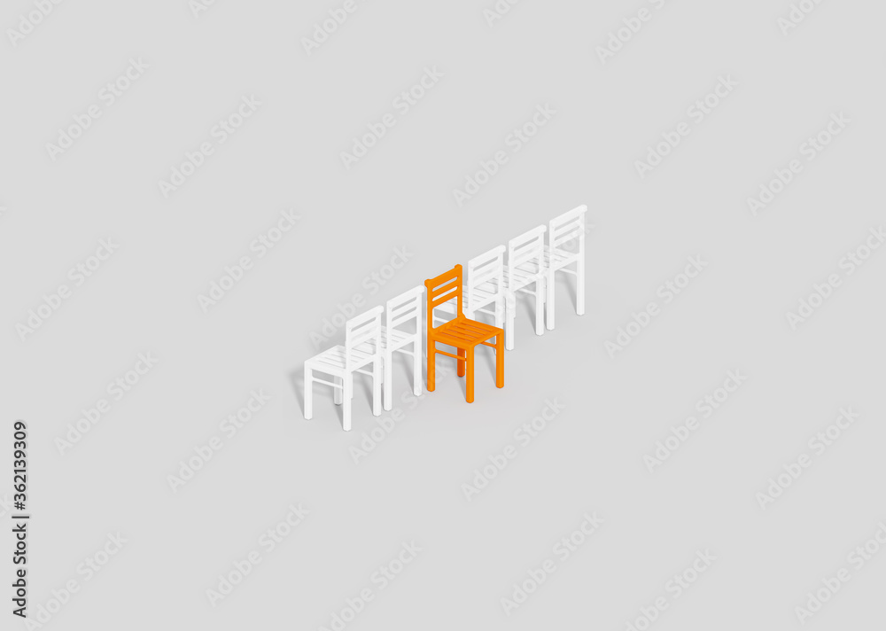 Fototapeta premium Orange chair standing opposite to a row of white chairs, temper concept idea backdrop, isometric 3D illustration