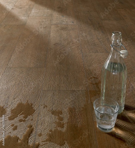Modern interior design of room with wood texture seamless, bottle and glass, interior background.
 photo