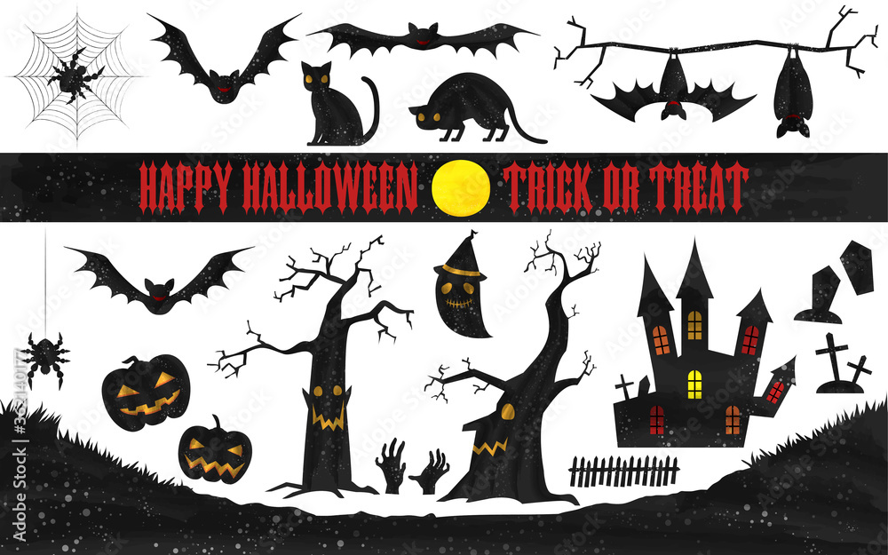 ハロウィンの水彩風シルエット素材セット 城とコウモリ 枯れ木とカボチャ 黒猫 Stock Vector Adobe Stock