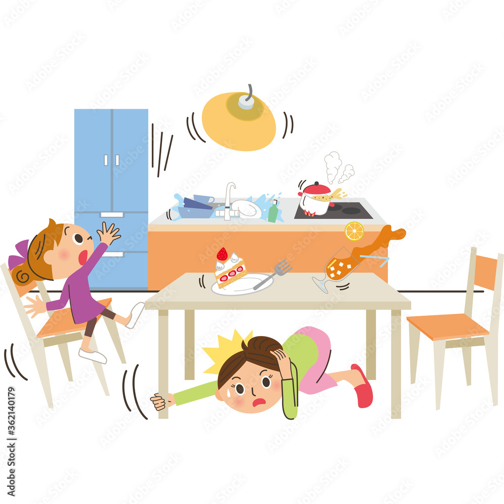 Fototapeta premium 災害 地震 キッチン 落下 食事中