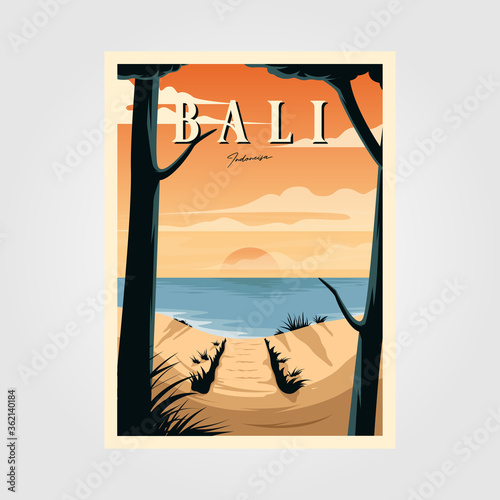 bali beach sunset vintage travel poster vector illustration design