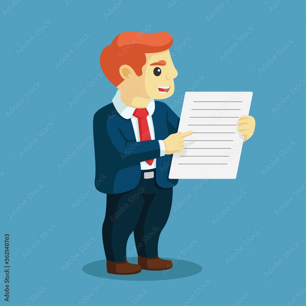 Businessman standing point finger to clipboard. Business concept. Flat cartoon style. Vector illustration. Businessman standing point finger to clipboard. Business concept. Flat cartoon style. Vector illustration.
