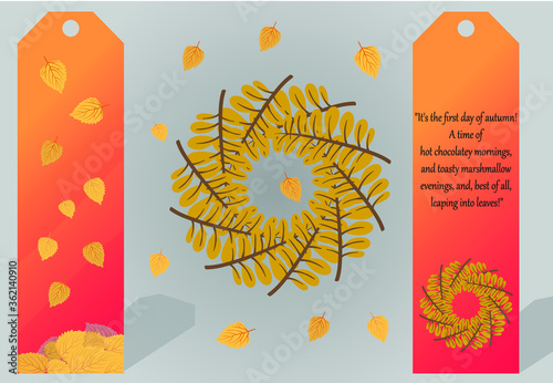 Autumn themed bookmark, with leaves ornaments and quote. Fall designed bookmark template with leaves and ornament shown separately as design
