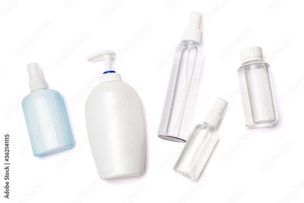 group of hand sanitizer spray and liquid soap bottles isolated on white background group of hand sanitizer spray and liquid soap bottles isolated on white background