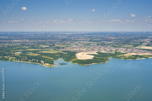 Aerial view of Lavon Lake, Texas, USA. Fresh water reservoir, located in Collin County, part of the Dallas-Fort Worth-Arlington, Texas Metropolitan Area. City of Lucas, suburban residential area.