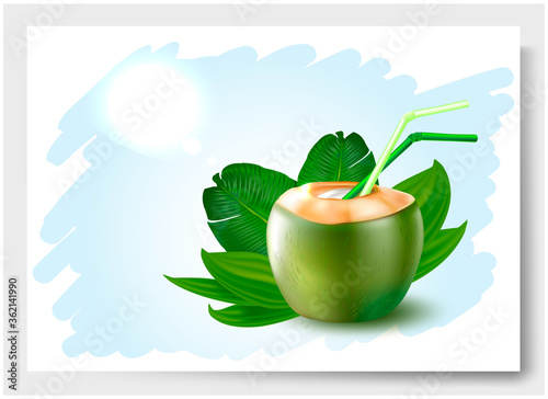 3 d. Green Coconut with white flesh and palm leaves on a white background. Splash of coconut milk.Vector illustration.