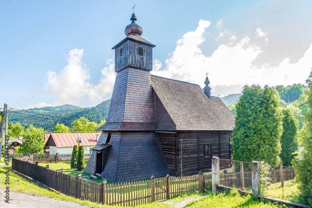 View at the Wooden Church of Immaculate Conception of the Blessed Virgin Mary in Hranicne, Slovakia